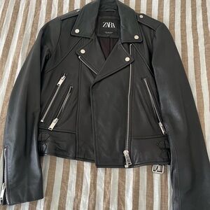 Zara Women’s Black Leather Jacket with Silver Hardware/Zipper Details